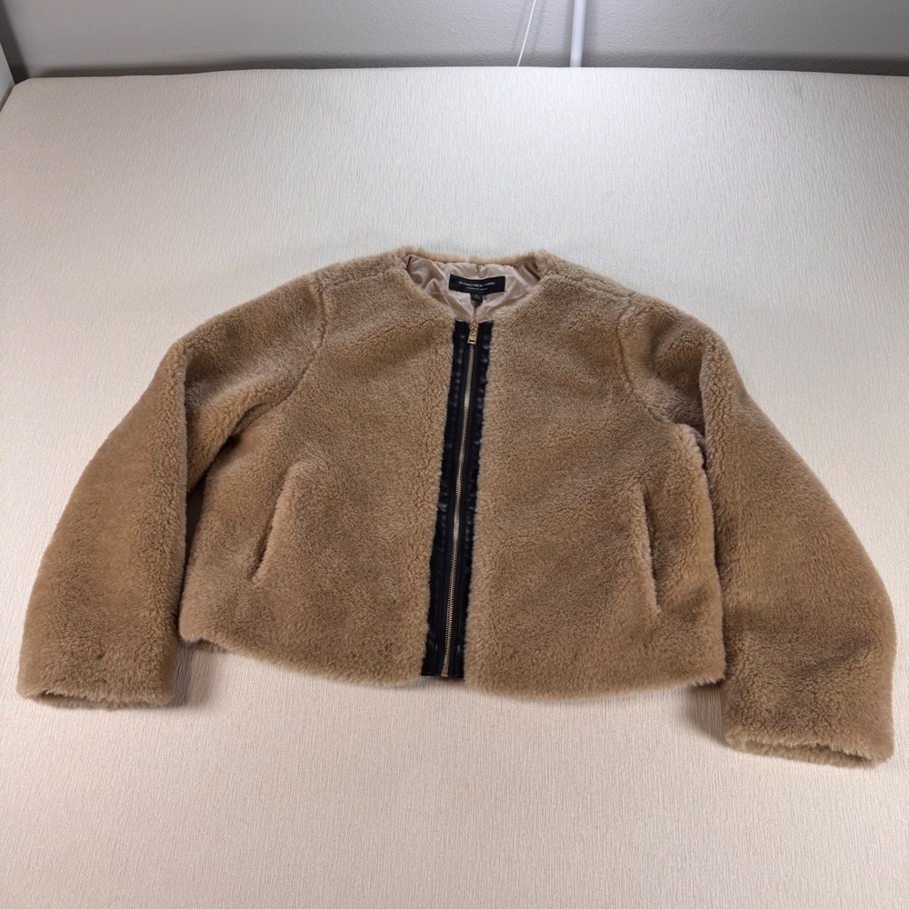 Marc New York Women L Tan Faux Sherling Teddy Fur Jacket Full Zip Glam Barbie